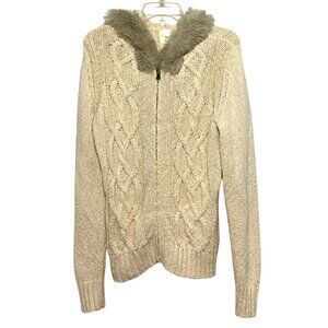 Old Navy Cable Knit Hoodie Sweater Womens L Faux Fur Trim Chunky Zip Front